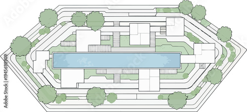 Aerial view of modern house plan with pool isolated on transparent background