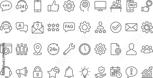 Customer support service line icons set help desk communication call center assistance feedback settings technology outline vector collection