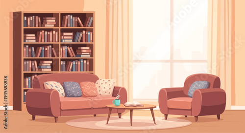 Cozy Living Room Interior with Bookshelf and Sunlight