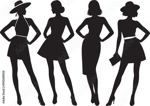 Fashionable women silhouettes, diverse styles, stylish poses