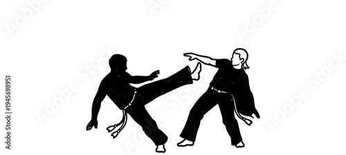 Dynamic silhouette of two figures engaged in a martial arts kick