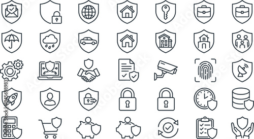 Cyber security protection line icons set shield privacy data safety network surveillance authentication lock secure technology vector outline collection