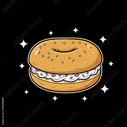 Smiling bagel with cream cheese spread.