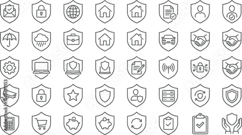 Cyber security shield line icons set privacy protection network safety data lock secure technology system authentication outline vector collection