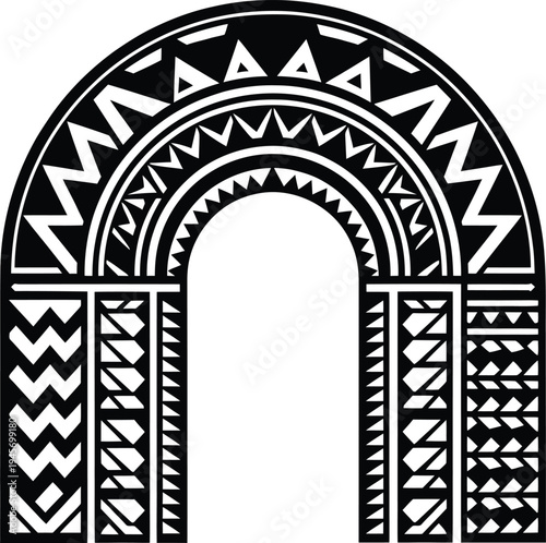 Black and white archway with traditional Polynesian tribal tattoo patterns for entry or decoration element.