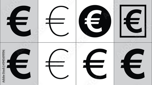 Euro currency symbol icon set european money sign finance banking payment economy black vector collection isolated design