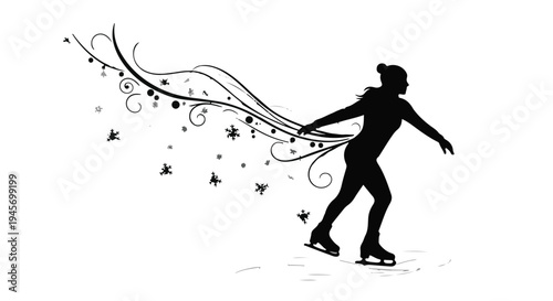 Silhouette of an elegant figure skater performing a graceful spin leaving a trail of decorative swirling vines and snowflakes on a white background.