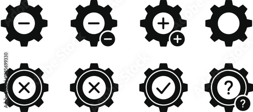Set of gear icons with various mathematical and logical operation symbols