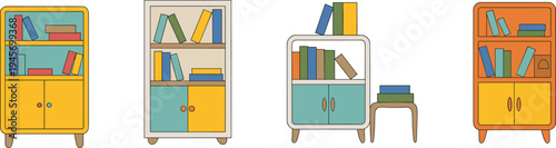 Colorful bookcases with books and stool furniture