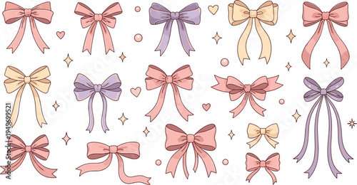 Pastel Ribbon Bow Collection with Cute Decorative Gift Bows Hearts and Sparkles Feminine Hand Drawn Vector Set