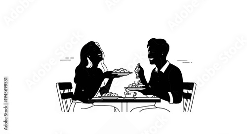 Joyful couple sharing a meal, laughing heartily over plates of food