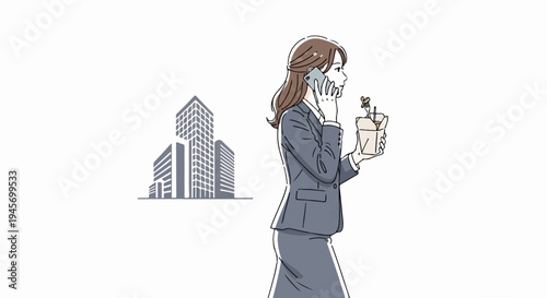 Businesswoman on phone with lunchbox outside office buildings