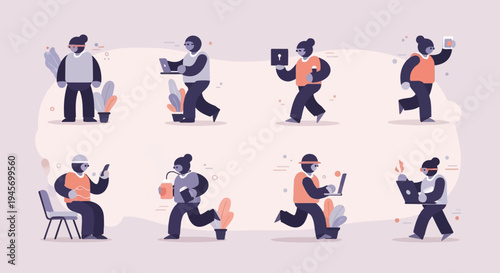 Flat design characters engaged in various modern activities, from work to leisure