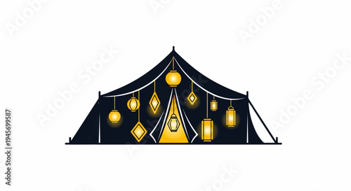 Dark tent decorated with glowing yellow lanterns of various shapes