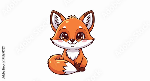 Cute cartoon fox, fluffy tail, big eyes, pink cheeks
