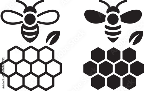 Bee and honeycomb icons outline and filled silhouette insect and hive elements isolated on transparent grid