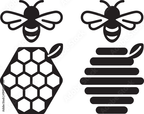 Bee and honeycomb or beehive icons outline and filled silhouette insect and hive elements isolated
