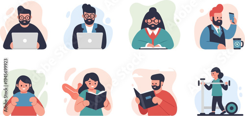 Diverse individuals engaged in work, study, communication, and exercise