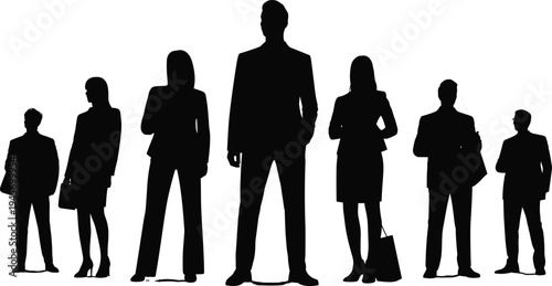 Business group silhouettes, corporate attire, leadership posture, teamwork diversity, briefcase holding, professional stance, workplace identity, office illustration design