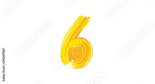 Bold, bright yellow brush stroke number six on white background