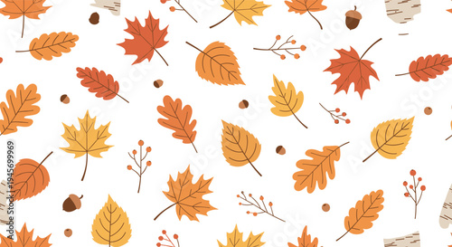 Seamless autumn leaves pattern with oak maple birch foliage acorns and branches warm fall nature background vector illustration