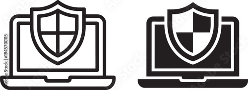 Cyber security laptop shield icon outline and solid filled black vector
