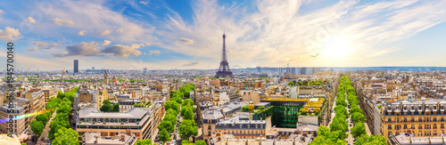 Fotografie Sunset skyline full panorama of Paris with Eiffel Tower, rooftops and Champs-Ely