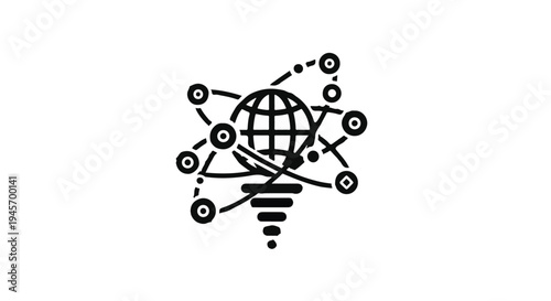 Globe icon intricately connected with radiating network dots and a subtle lightbulb base symbolizes global innovation, worldwide communication, and interconnected ideas, perfect for technology.