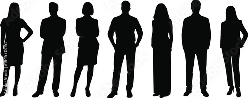 Business people silhouettes collection, professional men and women standing team, corporate office workers group, isolated human figures set