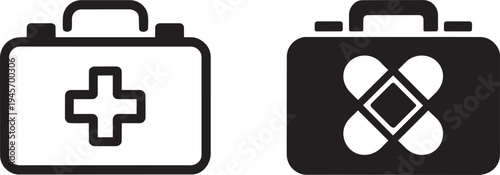 First aid kit icon outline and solid black with cross and bandage for medical emergency care