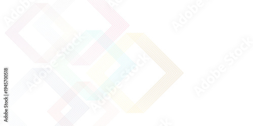 Minimalist abstract background with colorful thin overlapping diamond squares, geometric line art design on white