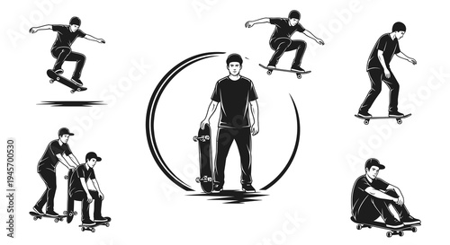 Black and White Line Art Skateboarder Vector Set, Sports Lifestyle