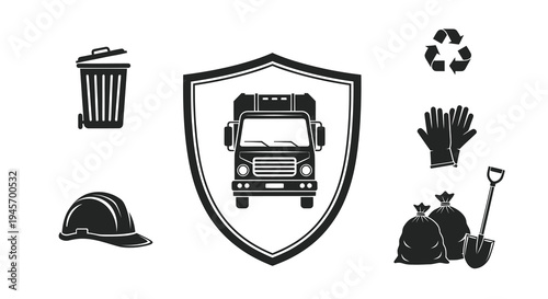 Garbage Truck Sanitation Service Shield Icon Black  White Glyph