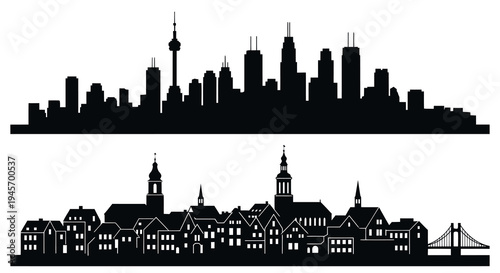 Black  White Silhouette Skyline of City Buildings and Bridge, Vector