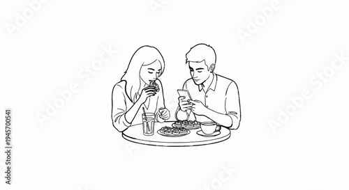 Couple eating and looking at phone at cafe table
