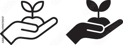 Hand holding plant seedling outline and solid silhouette isolated on transparent background