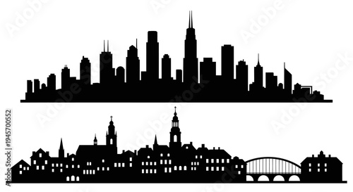 Black  White Silhouette Skyline: Modern  Historic Cityscapes Vector Art