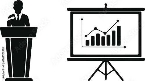 Business presentation with performance growth chart on screen