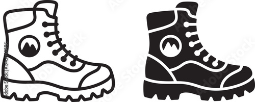 Hiking boot outline and solid silhouette isolated on transparent background for outdoor adventure