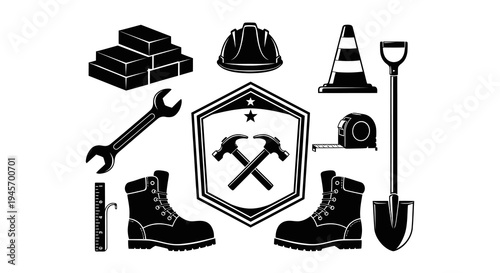 Black and White Construction Tools and Safety Gear Icons Set