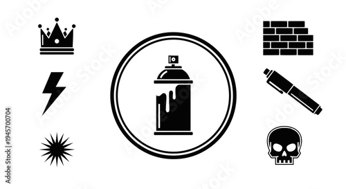 Black and White Graffiti Icons: Crown, Spray Can, Skull, Brick Wall, Pen