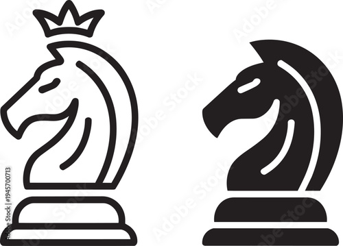 Knight chess piece line and silhouette icon set representing strategic leadership and tactics