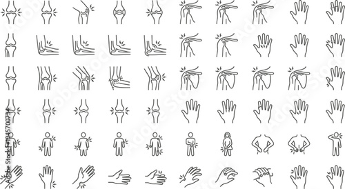 Joint pain medical line icons set arthritis knee elbow shoulder hand injury inflammation healthcare outline vector collection for orthopedic symptoms