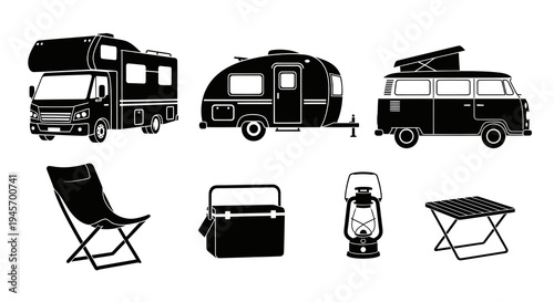 Black  White Glyph Icons: RV, Camper Van, Cooler, Lantern, Chair, Table