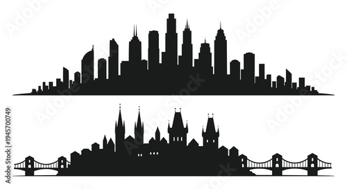 Black Silhouette Skyline of Modern Cityscape and Historic Architecture with Bridges
