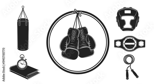 Boxing equipment set, black and white line art, icons for sports