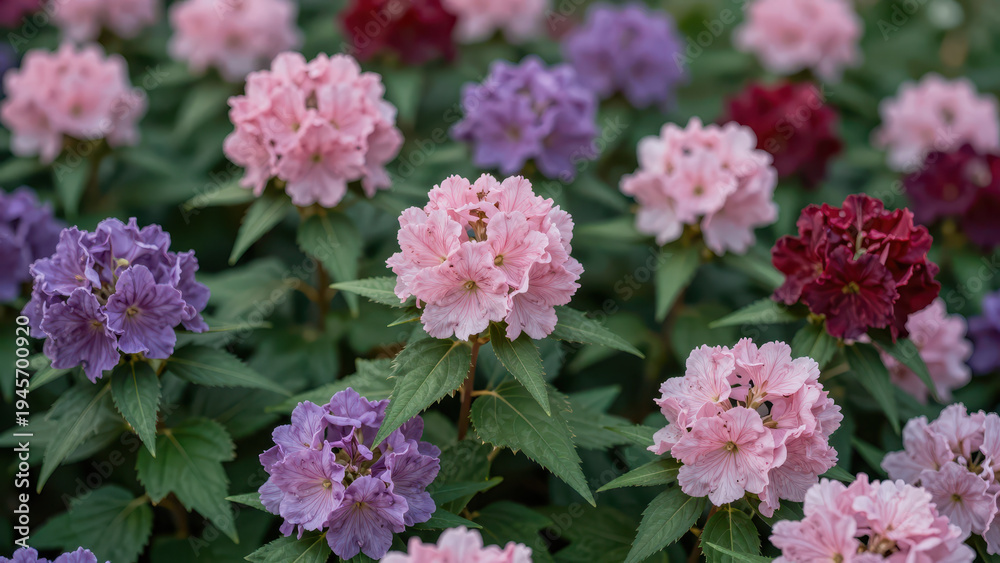 Obraz premium Vibrant Cluster of Pink and Purple Hydrangea Flowers with Lush Green Leaves in a Garden Setting, Natural Beauty for Floral Design or Nature Backgrounds
