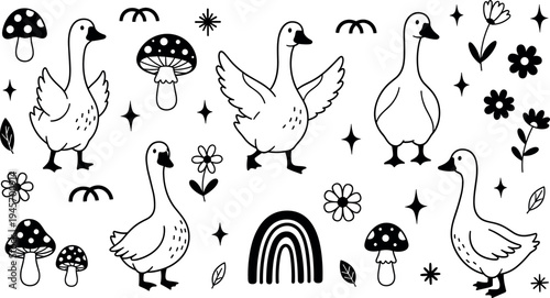 Hand drawn goose doodle set with mushrooms flowers rainbow leaves cute outline coloring page vector illustration collection