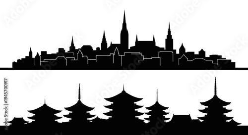 Black and White City Skyline and Pagoda Silhouettes