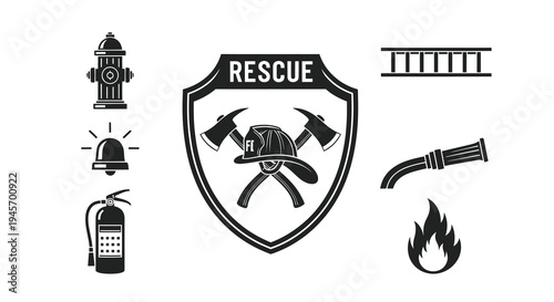 Firefighter Rescue Symbols: Hydrant, Axe, Helmet, Ladder, Hose, Flame, Icon